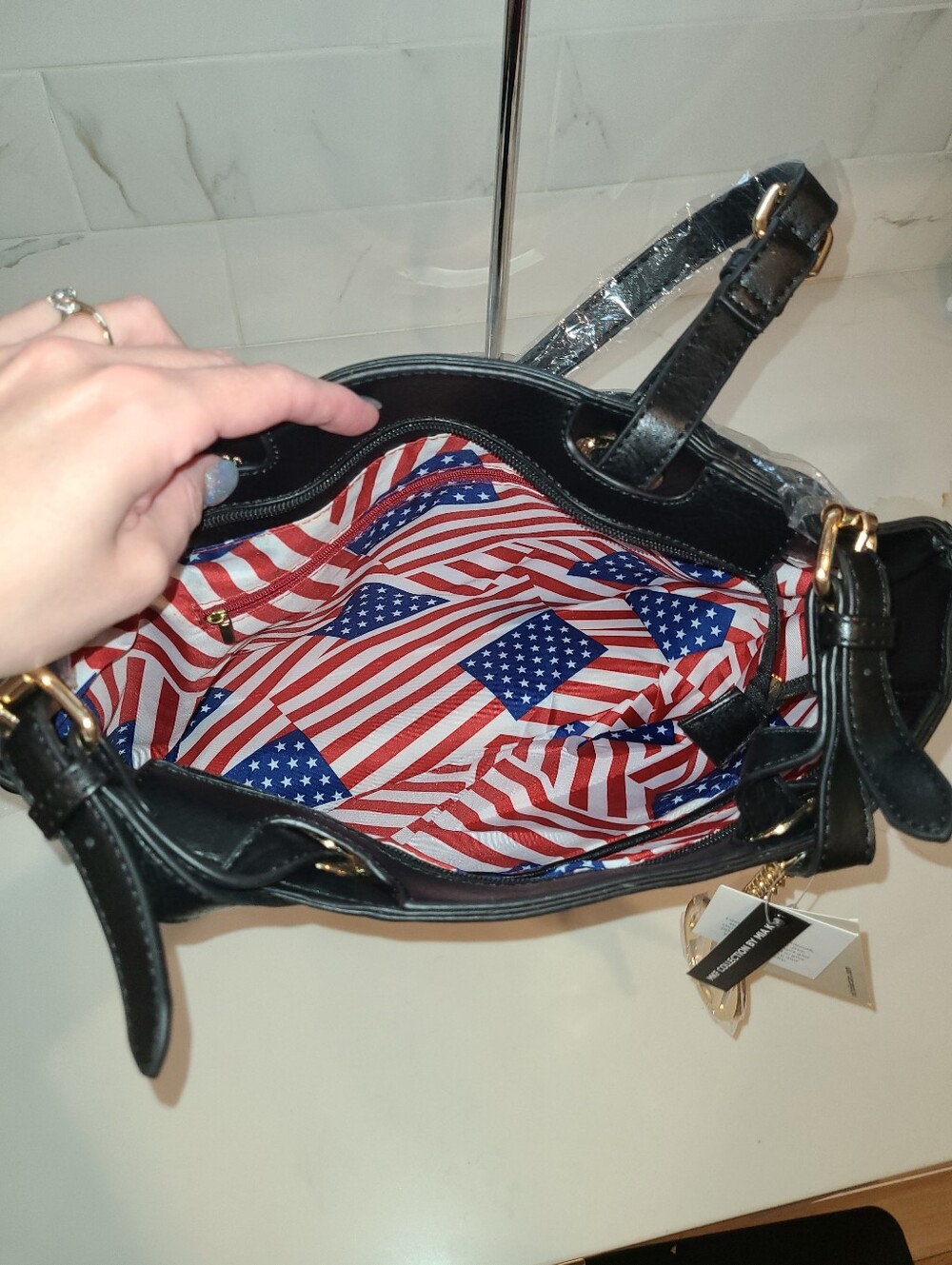 American Flag Tote Bag with Gold Charm - Black / Red / Cream - Picture 10 of 10